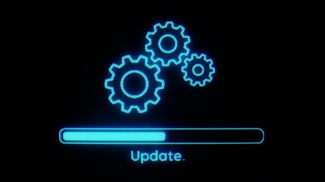 Retro blue screen CRT loop background animation represents the update, upgrade, and loading system processes. Motion graphics illustrating application upgrade progress