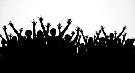 A large group of people with hands raised in the air in celebration or protest on a white background
