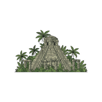 Ancient Mayan Pyramid Temple Surrounded by Lush Tropical Jungle Foliage.