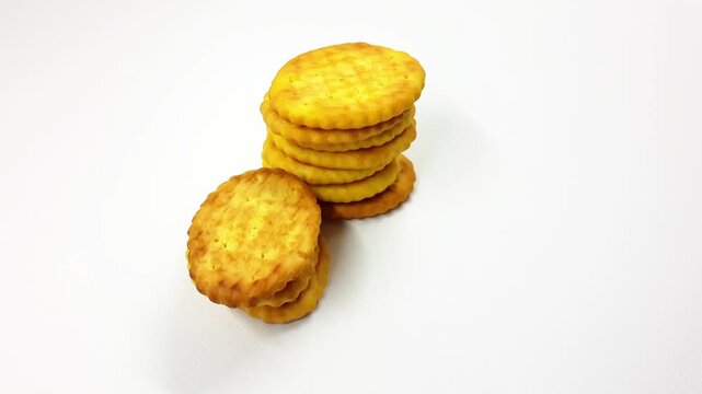Savory golden crackers are presented in two distinct stacks on a pristine white surface, implying a delicious, crispy snack motion.