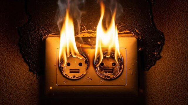 Electrical Outlet On Fire, Danger of Overload, Short Circuit, Fire Hazard