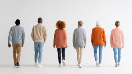 Obraz premium Group of diverse adults walking away, rear view, full-body figures on a clean white background