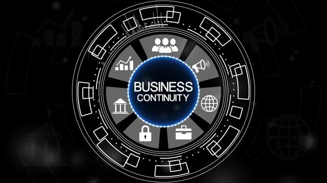 Glowing neon line banner of BUSINESS CONTINUITY concept with icons of planning, management.Money Symbol Shower for Finance, Wealth.4k Animation.