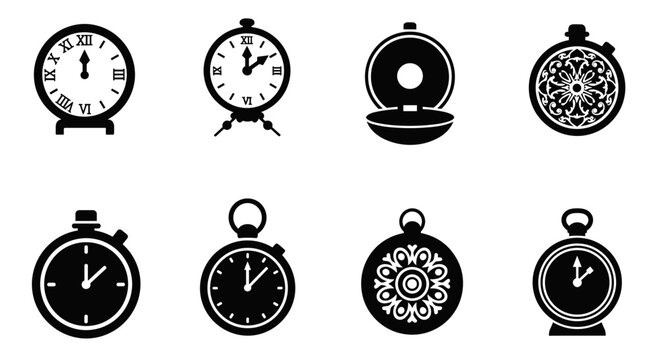 Vintage clock silhouettes: antique and modern timepieces in black and white design