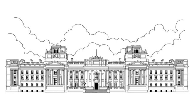 Grand palace architectural line art with cloudy sky