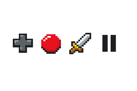 Pixel art game control icons showing a directional cross, red action button, small sword, and pause symbol in retro 8-bit style on white background