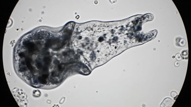Slowmoving Freshwater Polyp With Internal Cellular Structure Observed Microscopically. Microscopic Examination Of Freshwater Polyp Showing Internal Cell Clusters And Contractile Stalks