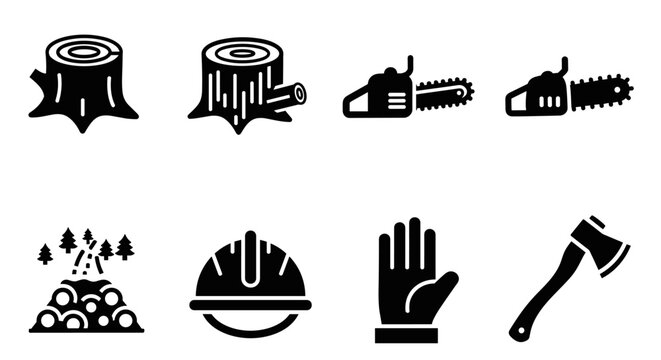 Lumberjack icons set: chainsaw, axe, tree stump, safety helmet, and log illustrations