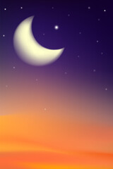 Fototapeta premium Night Ramadan Sky background,Glowing crescent moon,Stars on Sunset gradient blue,purple,orange,yellow dusk sky.Islamic Mubarak celebration for Ramadan month Eid al Adha, Eid al fitr greeting design