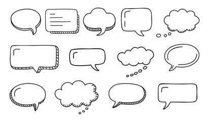 Fototapeta premium Set of black and white hand drawn speech and thought bubbles in various shapes. Minimalist design, perfect for comics, text placeholders. Vector illustrations Isolated on transparent background