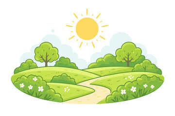 Obraz premium Bright sunny countryside landscape illustration with winding path through green hills, trees, bushes, wildflowers, and soft clouds in blue sky
