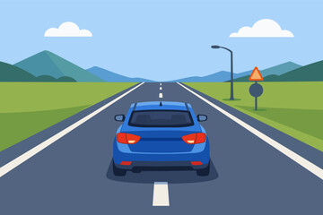 Blue car driving on open highway road