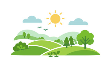 Obraz premium Flat vector landscape illustration with rolling green hills, trees, clouds, birds, and bright sun in a calm spring countryside scene