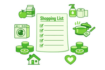 Green illustrated shopping list checklist with household budget icons including milk, apples, coins, laundry, cooking pot, soap, paper, home and heart