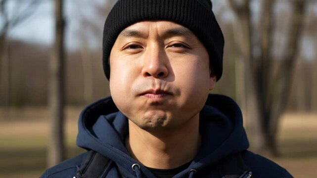 Man with puffed cheeks, holding breath, outdoors, looking at camera
