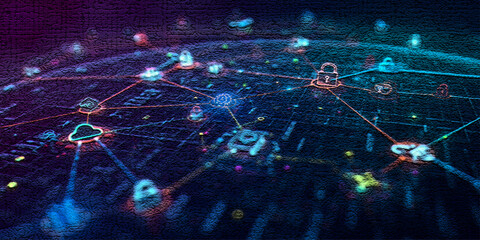 Fototapeta premium Global network security concept with cloud storage icons and digital locks, showing protection of online data, encrypted systems and modern cyber technology.