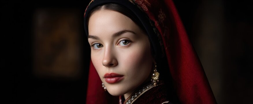 Emotional portrait of a handmaiden in traditional clothing amidst rich history
