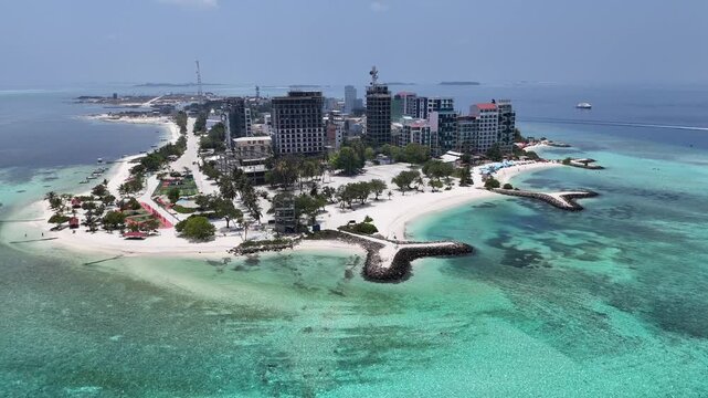 Drone Aerial View of Maafushi Island and Turquoise Lagoon Maldives