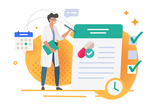 Doctor writing medical prescription, treatment plan modern vector illustration, checklist and calendar reminder time, healthcare medication management concept, physician consultation, pharmacy therapy