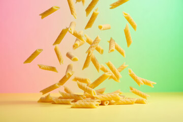 Fototapeta premium Falling Penne Pasta Motion Shot. Dynamic Pasta In Air. Creative Pasta Advertising Composition.