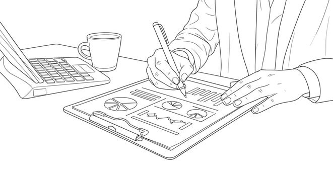 Linear business analysis: handwriting on tablet with graphs and charts