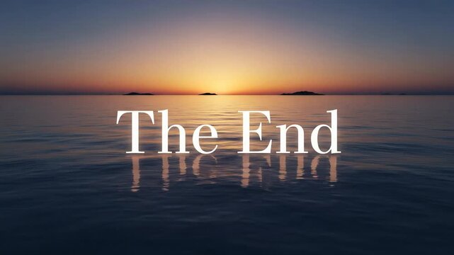 Peaceful Ocean Sunset with "The End" Text Overlay and Island Silhouette