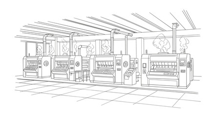 Naklejka premium Industrial printing machines in modern factory setting with linear outline style