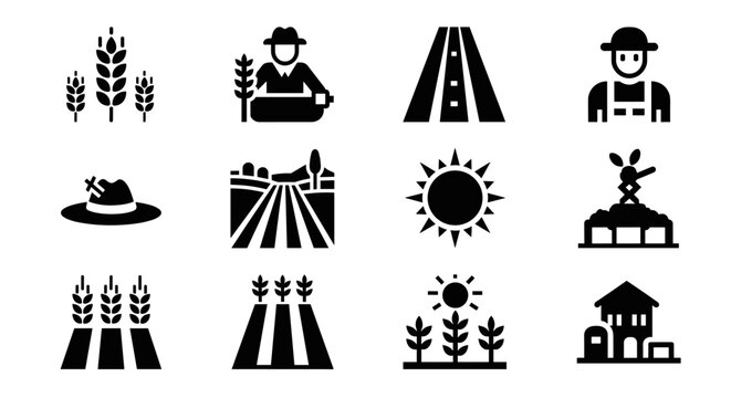 Simple farming and agriculture icons set: farmer, crops, barn, scarecrow