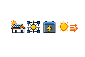 Fototapeta premium Pixel art icon set illustrating solar energy system workflow with house solar panels, sun tracking grid, battery storage, and sunlight output arrows