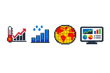 Pixel art set of business analytics icons featuring growth charts, thermometer statistics, data bars, global market globe, and dashboard on monitor display