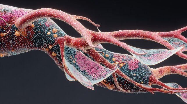 Intricate three dimensional rendering depicts complex biological structures with detailed textures