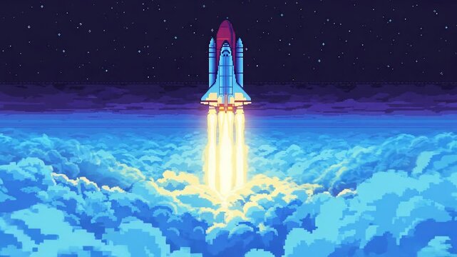 Pixel Art Space Shuttle Launch Through Clouds, Night Sky Stars