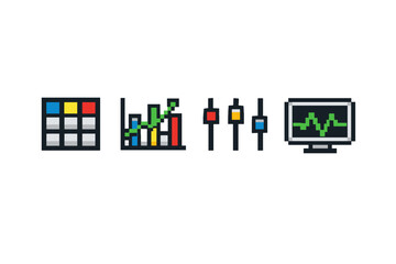 Pixel art set of data analytics icons including dashboard grid, growing bar chart, control sliders, and computer monitor displaying a line graph