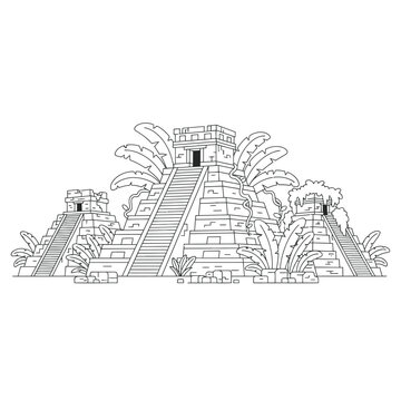 Ancient Mayan Pyramids with Lush Tropical Vegetation Illustration.