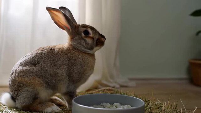 Rabbit sitting on hay with a bowl of food in a cozy indoor setting with natural light featuring pet, animal, mammal with hare and bunny elements for