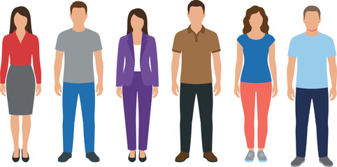 Obraz premium Flat vector illustration of a diverse group of men and women standing in various casual and professional outfits with outline,