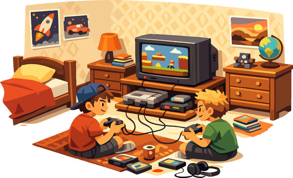 Boys playing retro video game on old tv in bedroom