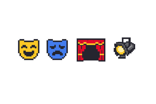 Pixel art theater icons showing comedy and tragedy masks, a red stage curtain proscenium, and a spotlight symbol in retro 8-bit style