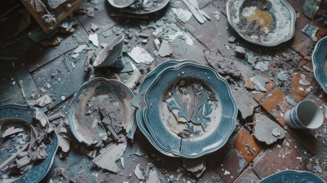 A broken plate in the shape of a circle on the floor.