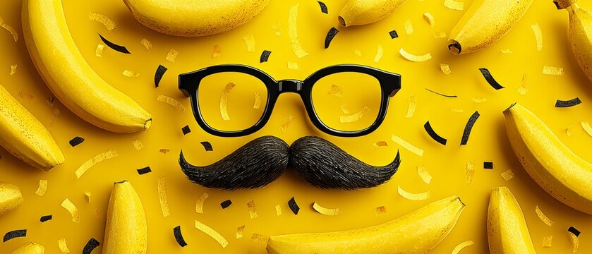 Whimsical april fool's accessories on a cheery background. Upscale style. Novelty glasses and joke nose on a lemon-hue background. Majestic beauty. Extravagant style.