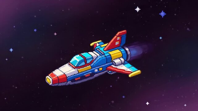 Retro pixel art spaceship flying through starry galaxy, 8-bit space adventure