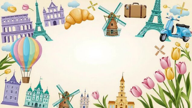 European Travel Theme Background with Landmarks and Flowers.