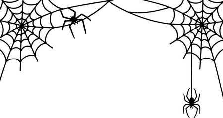 Spider web silhouette border, Halloween cobweb with spiders, creepy crawly insect corner frame, spooky hanging spider vector illustration, gothic decorative element (Exactly 20 words) © Amena