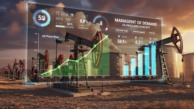 Digital screen displaying financial market chart with growth graph overlaying oil pump field. Petroleum well development, crude energy trade, euro gas demand management and price rise.