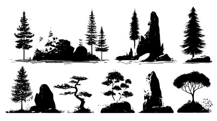 Fototapeta premium Forest spring collection featuring clear water and rocks, vector graphic set