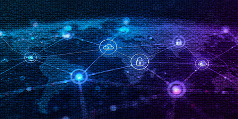 Obraz premium Futuristic cyber security network with glowing lock icons and cloud connections, digital data protection concept showing secure internet technology and global information safety system.