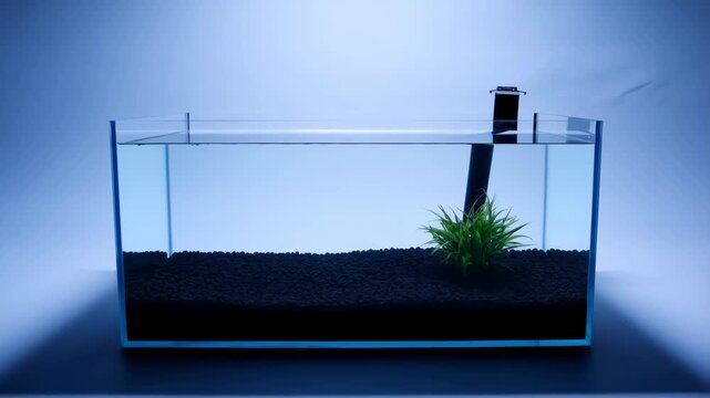 Aquarium minimalist glass tank with black gravel and green plant, empty and clean featuring water, decoration, interior with modern and simple