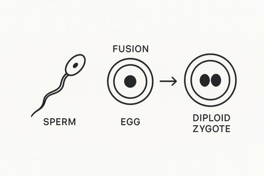 Biology education diagram showing fusion of sperm and egg cell. process results in diploid zygote, fundamental step in sexual reproduction and conception