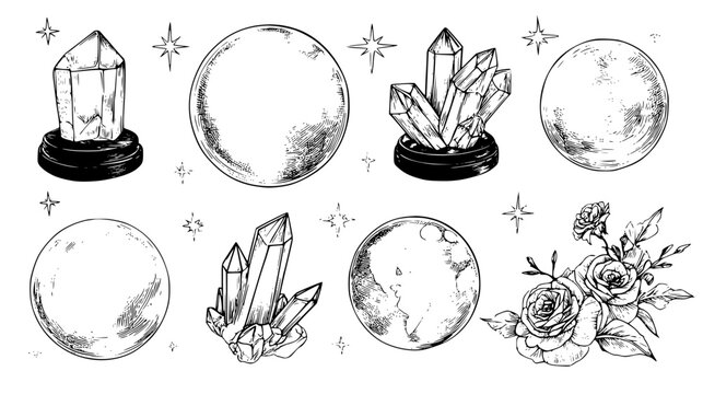 Magical object collection featuring large enchanted orbs, vector graphic set