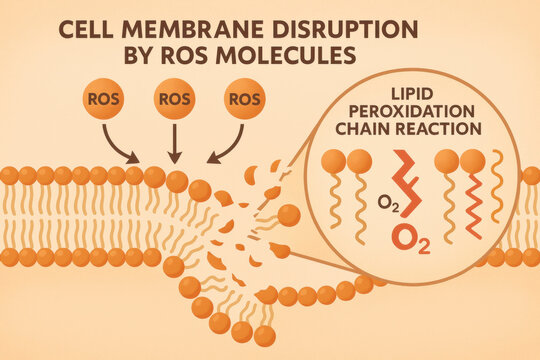 Biology concept of cell membrane disruption. scientific diagram showing lipid peroxidation chain reaction, damaging process caused by reactive oxygen species molecules